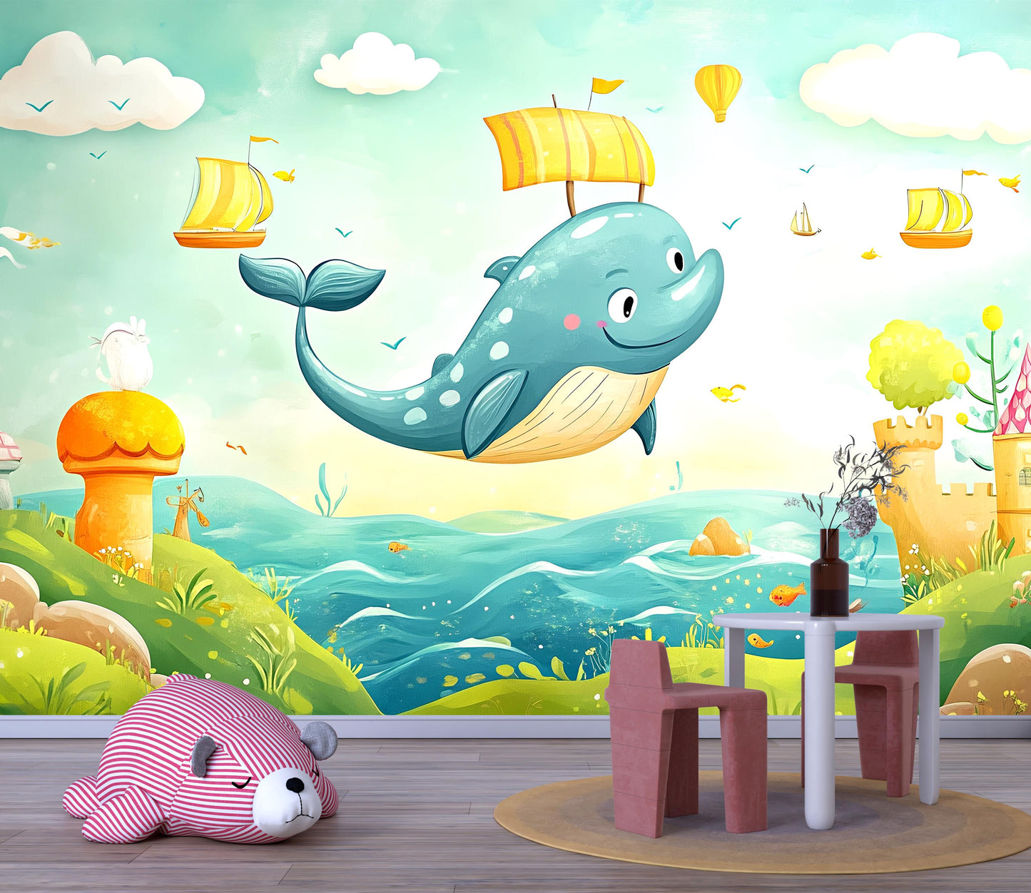 Flying Whale Wall Mural | Fantasy Ocean Kids Wallpaper | Cute Animal Nursery Decor | Magical Sea Scene Art for Playroom or Bedroom Vn439