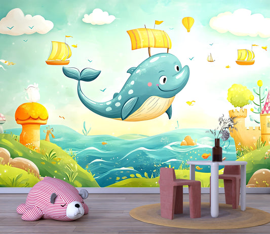 Flying Whale Wall Mural | Fantasy Ocean Kids Wallpaper | Cute Animal Nursery Decor | Magical Sea Scene Art for Playroom or Bedroom Vn439