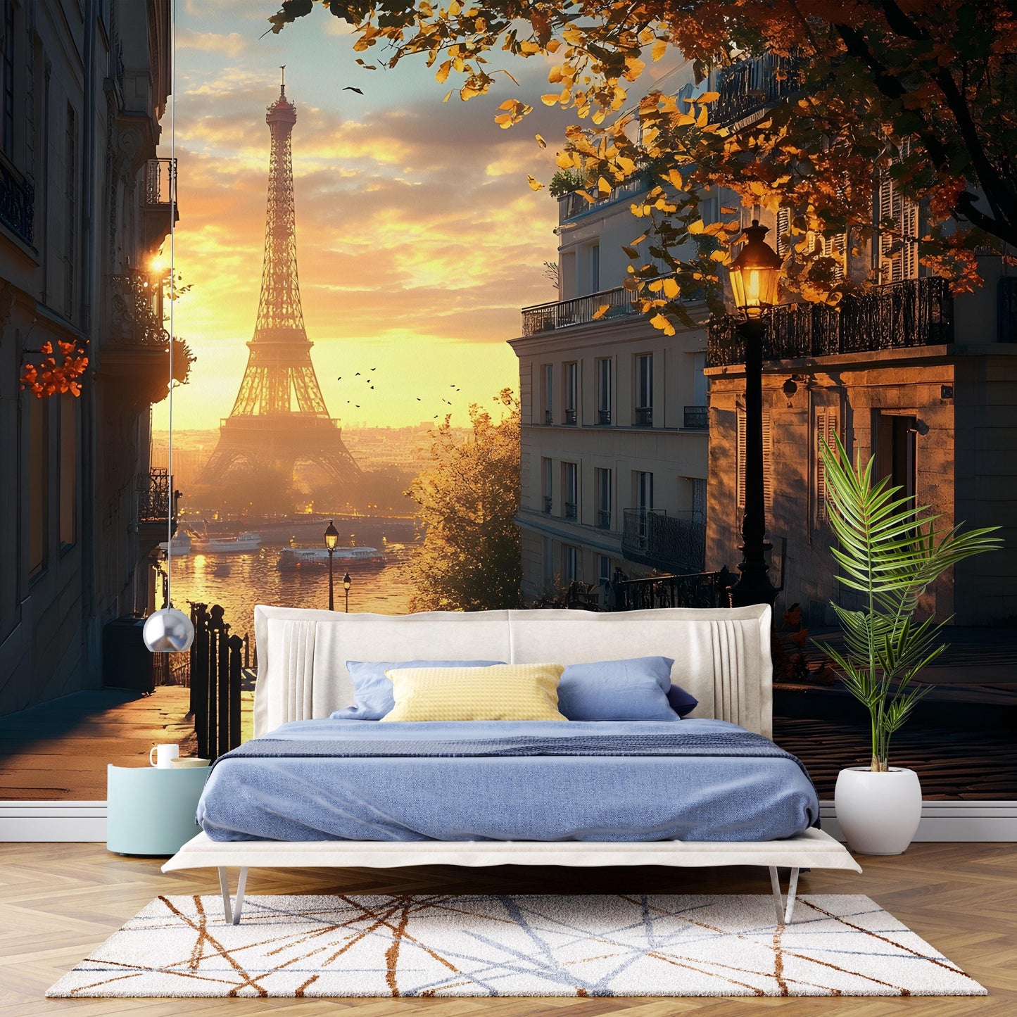 Paris Eiffel Tower Sunset Wall Mural – Romantic Autumn Cityscape Peel and Stick Wallpaper for Living Room or Bedroom Décor Vn064
