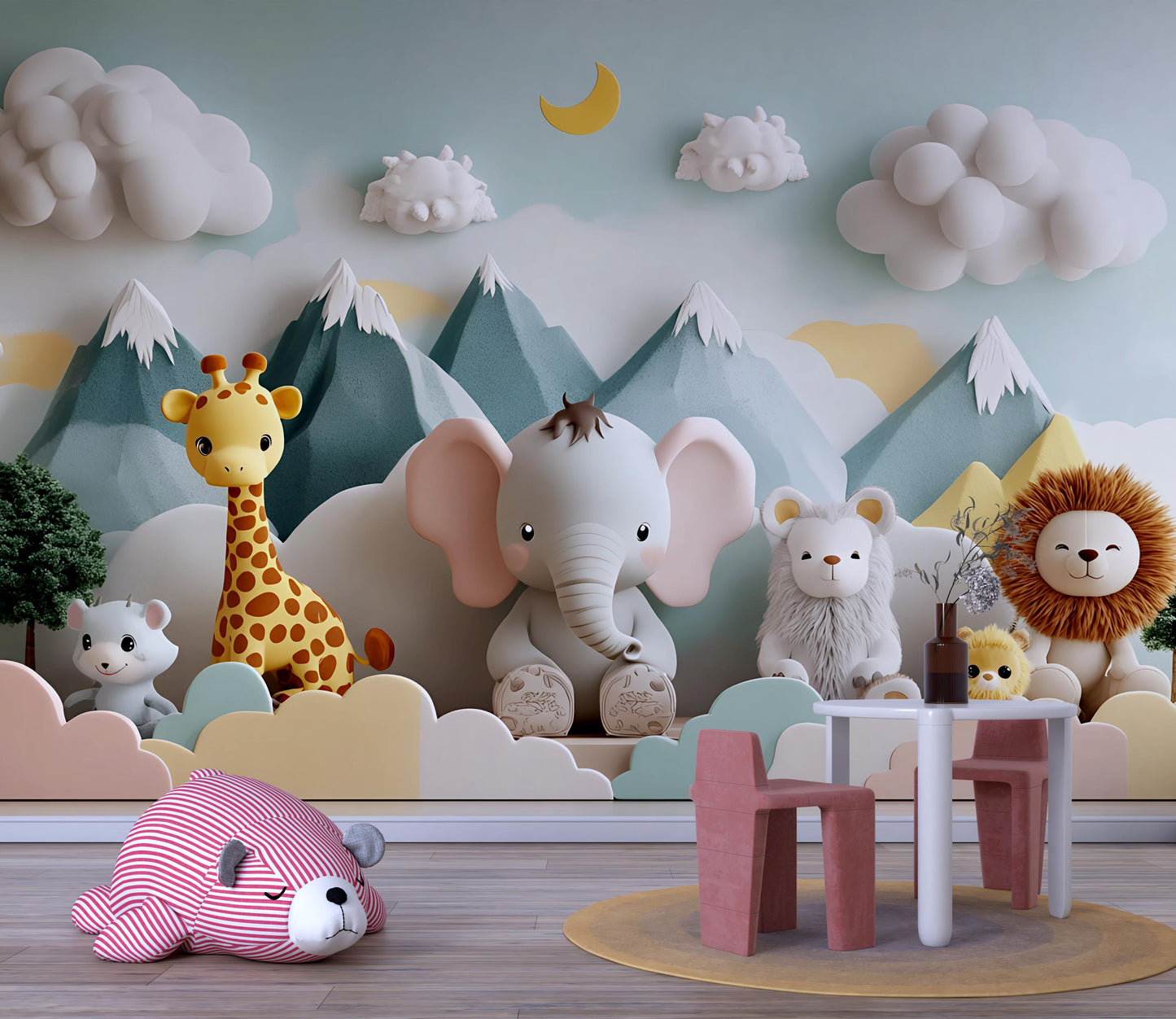 Whimsical Jungle Animal Wall Mural for Kids Room - Elephant, Giraffe, Lion Nursery Wallpaper Vn429