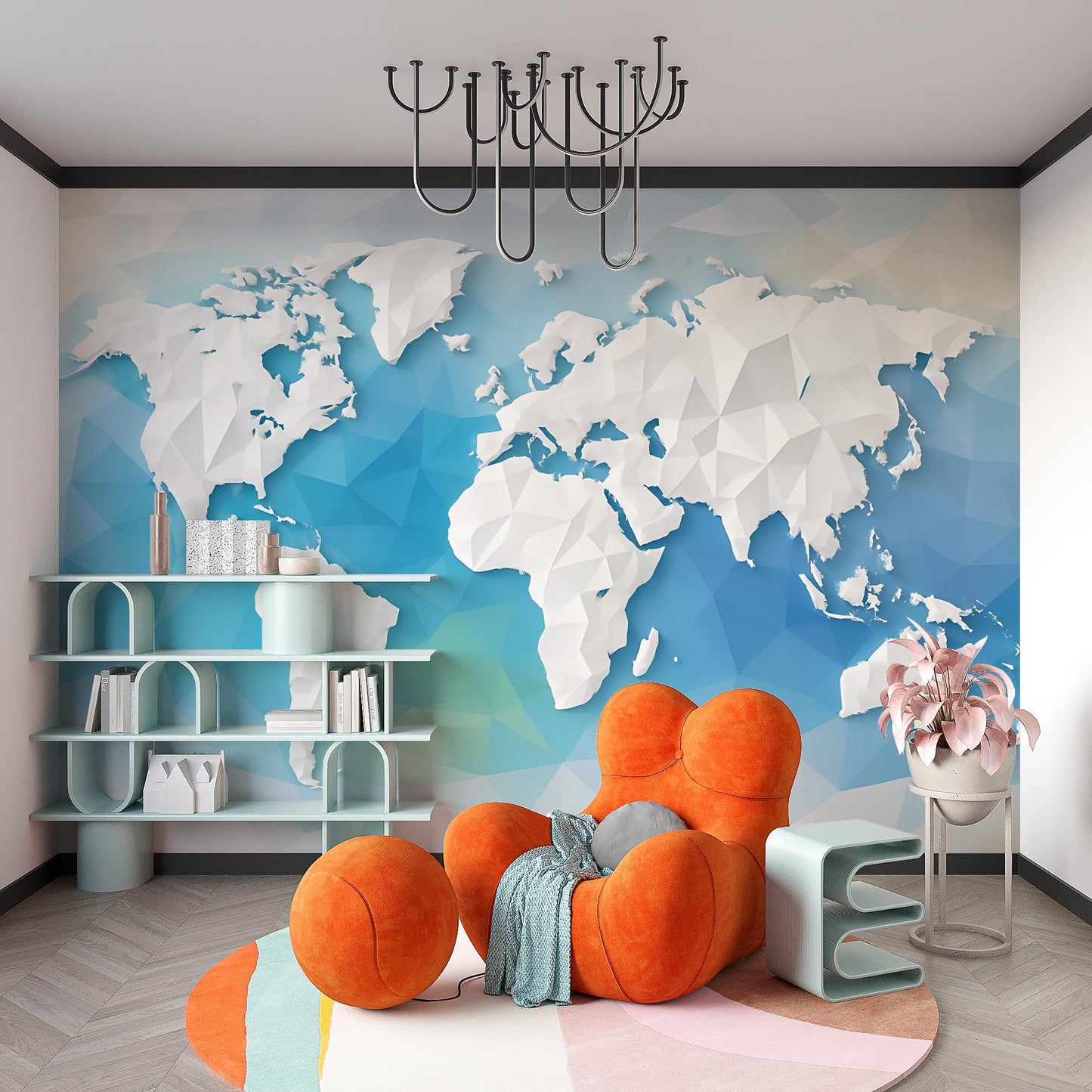 3D Polygon World Map Wall Mural – Modern Geometric World Map Wallpaper for Office, Kids Room, or Travel Decor Vn422