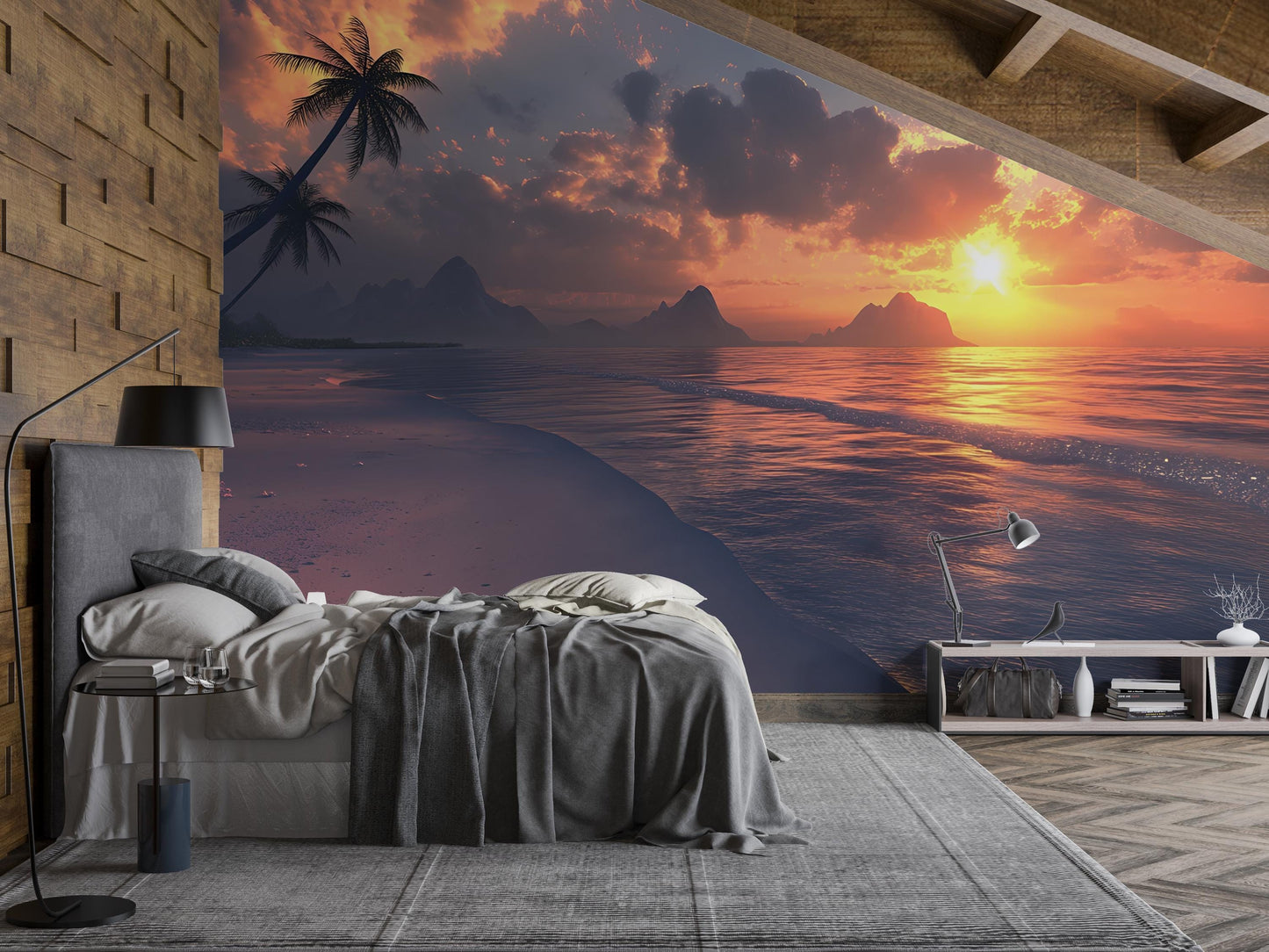Sunset Ocean Wall Mural – Serene Coastal Bedroom Decor, Tropical Seascape Wallpaper, Ocean Sunset Mural Art Vn288