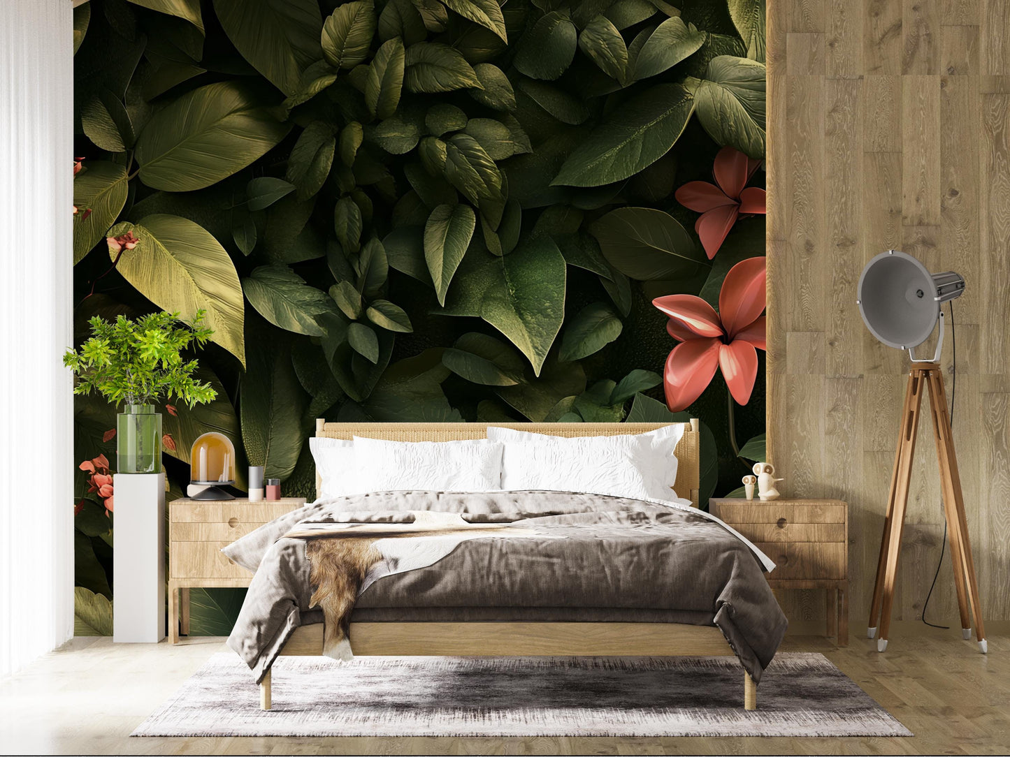 Botanical Leaf Wall Mural | Tropical Green Jungle Wallpaper with 3D Flowers | Bedroom Nature Accent Wall Art Vn234