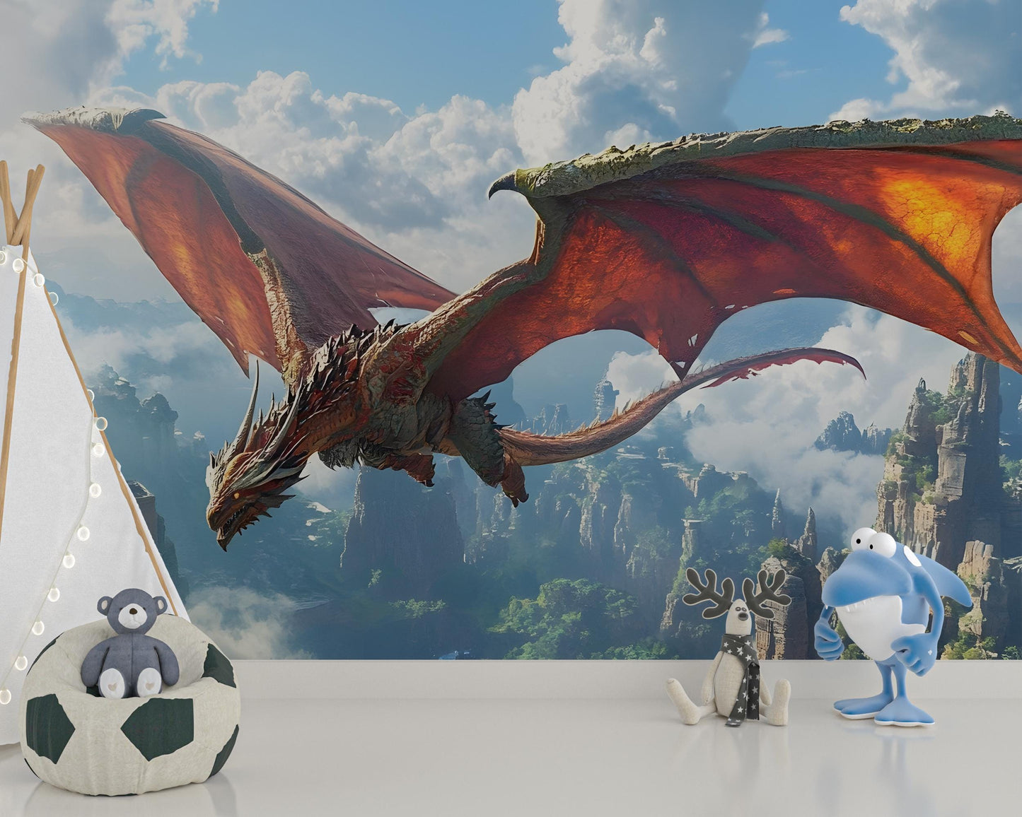 Fantasy Dragon Wall Mural for Kids Room – Epic Flying Dragon Wallpaper with Castle Landscape Vn028
