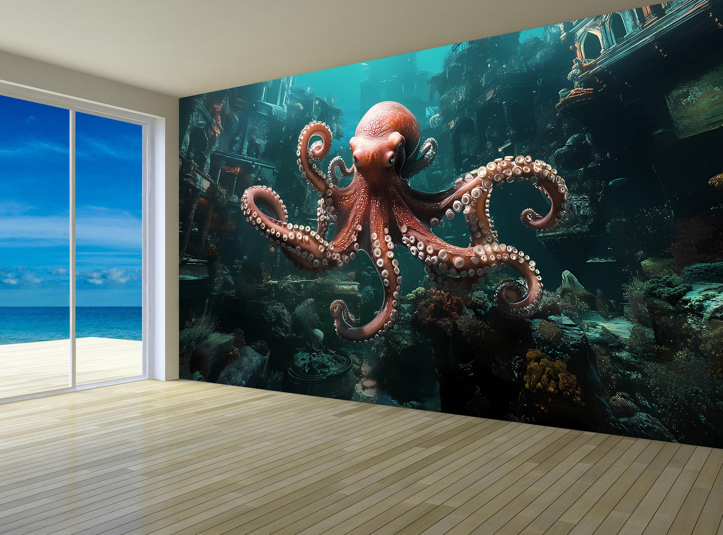 Underwater Octopus Wall Mural | Ocean Scene Bedroom Decor | Nautical Sea Life Art Print for Home Interiors Vn009