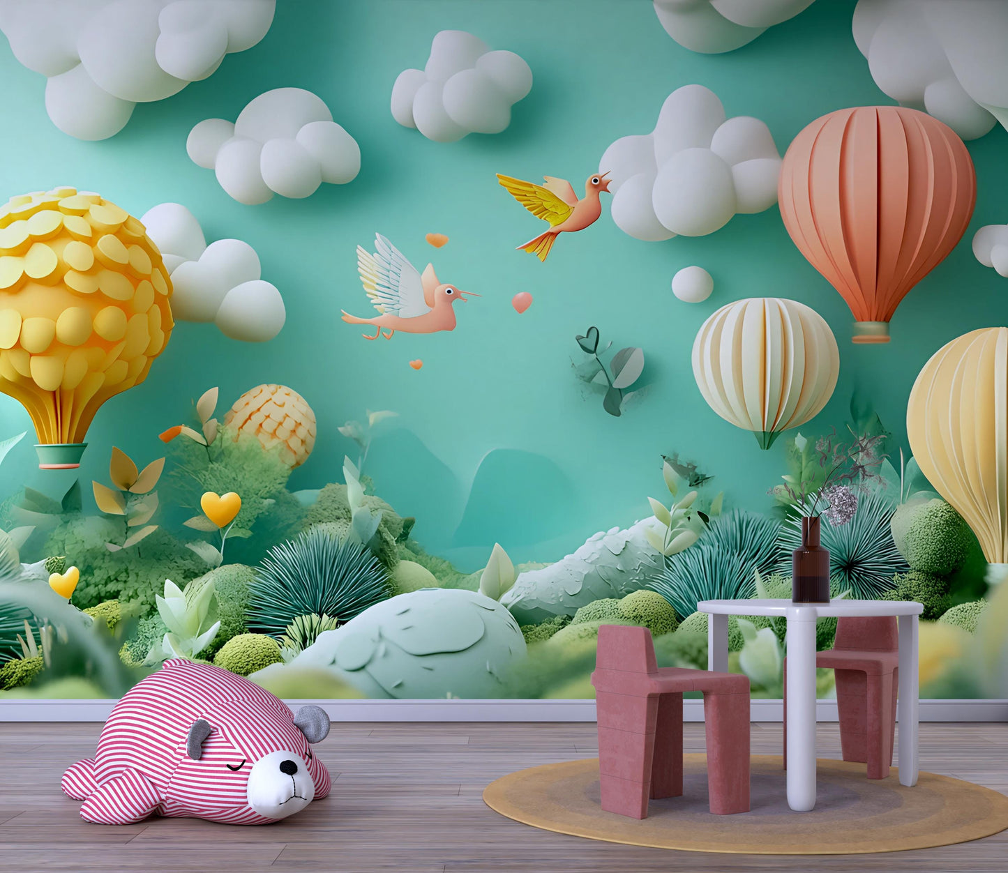 Whimsical Hot Air Balloon Kids Wall Mural – Colorful Nursery Wallpaper – 3D Cartoon Nature Scene – Peel and Stick Mural Vn324
