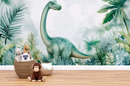 Dinosaur Wall Mural for Kids Room β Watercolor Jungle Brachiosaurus Art Vn407