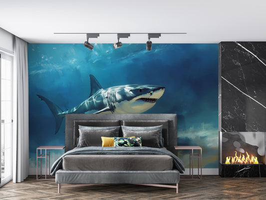 Shark Wall Mural for Bedroom β Ocean Underwater Theme β Great White Shark Art Wallpaper β Cool Boys Room Decor β Large Sea Life Mural Vn387