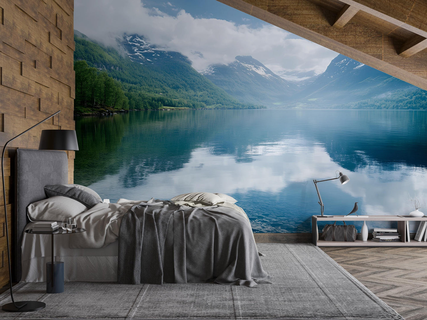 Mountain Lake Wall Mural – Tranquil Scenic Nature Wallpaper for Bedroom, Forest Waterfall Lake View Accent Wall Art Vn485