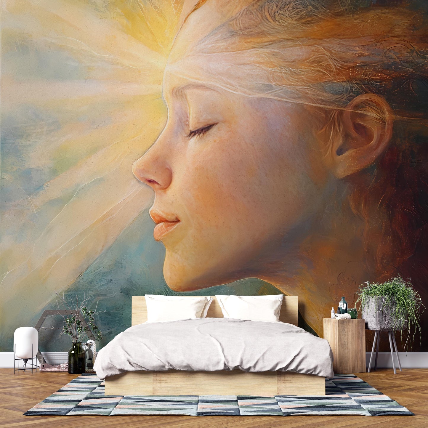 Large Dreamy Wall Mural of Woman’s Face with Radiant Light – Serene Feminine Art for Bedroom, Meditation Room, or Spa Decor Vn101