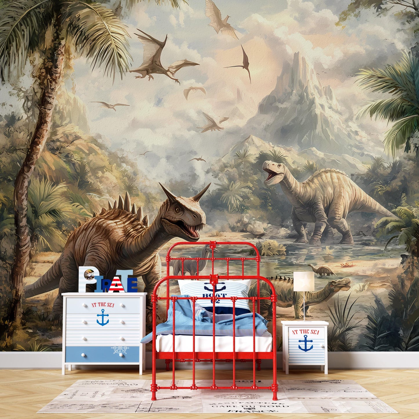 Dinosaur Nursery Wall Mural – Prehistoric Jungle Theme for Baby Room, Boys or Girls Dino Wallpaper Decor Vn006