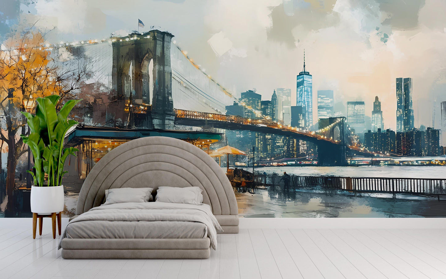 Cityscape Wall Mural - Brooklyn Bridge at Night Art Print Vn370