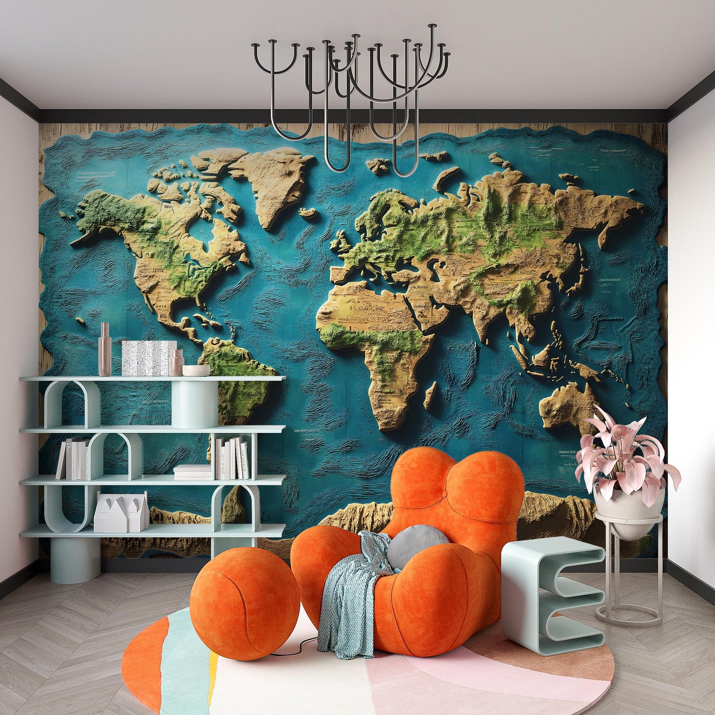 3D World Map Wall Mural | Textured Earth Map Wallpaper | Rustic Travel Bedroom Decor | Large Topographic Map Art Vn421