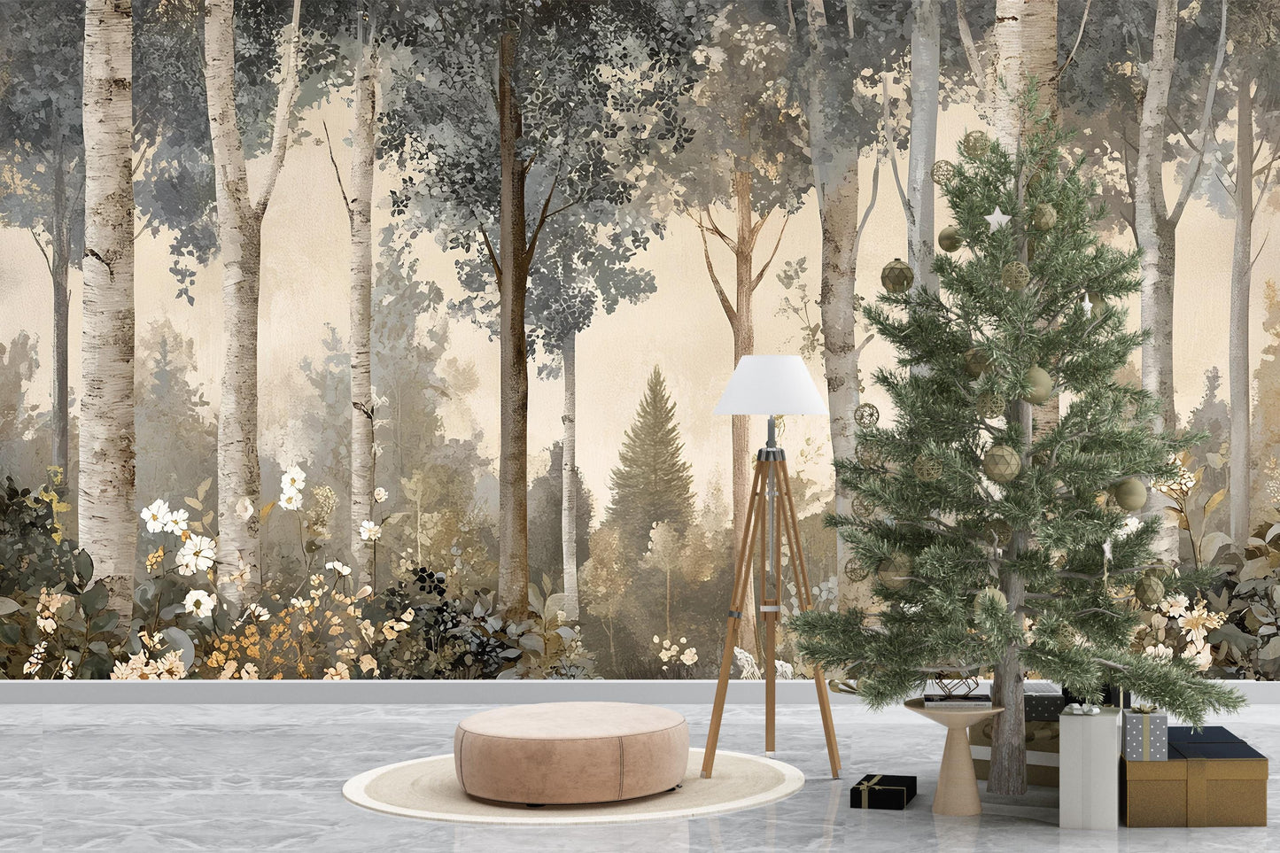 Forest Wall Mural – Neutral Tree Wallpaper, Scandinavian Nature Wall Art, Large Woodland Removable Mural Vn248