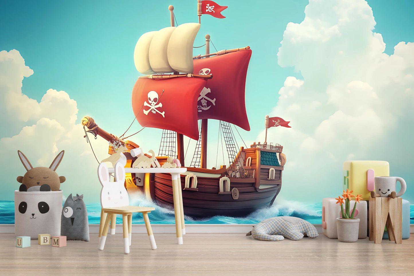 Pirate Ship Wall Mural for Kids Room – Nautical Adventure Nursery Decor Vn 307