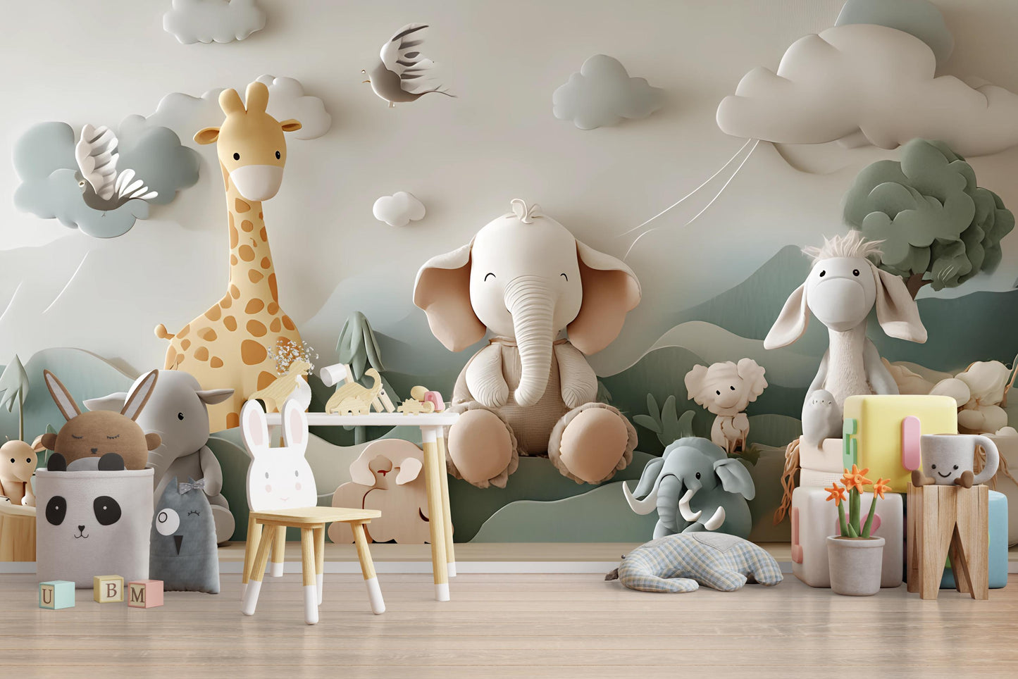 Safari Animal Nursery Wall Art - Jungle Theme Kids Room Decor - Elephant Giraffe Baby Wallpaper Vn 295
