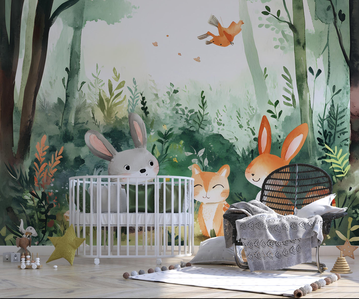 Woodland Animals Nursery Wall Mural – Forest Bunny Fox Deer Wallpaper – Kids Room Decor – Whimsical Woodland Nursery Art Vn059