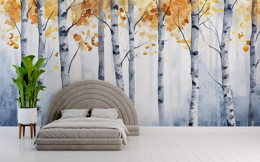 Birch Forest Wall Mural β Autumn Tree Wallpaper β Scandinavian Nature Art for Bedroom or Living Room β Cozy Rustic Wall DΓ©cor Vn486
