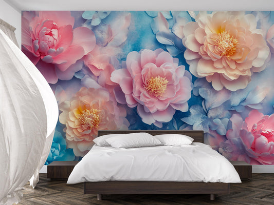 Large Floral Wall Mural | Pink Peony Flower Wallpaper | Romantic Botanical Bedroom Decor Vn470