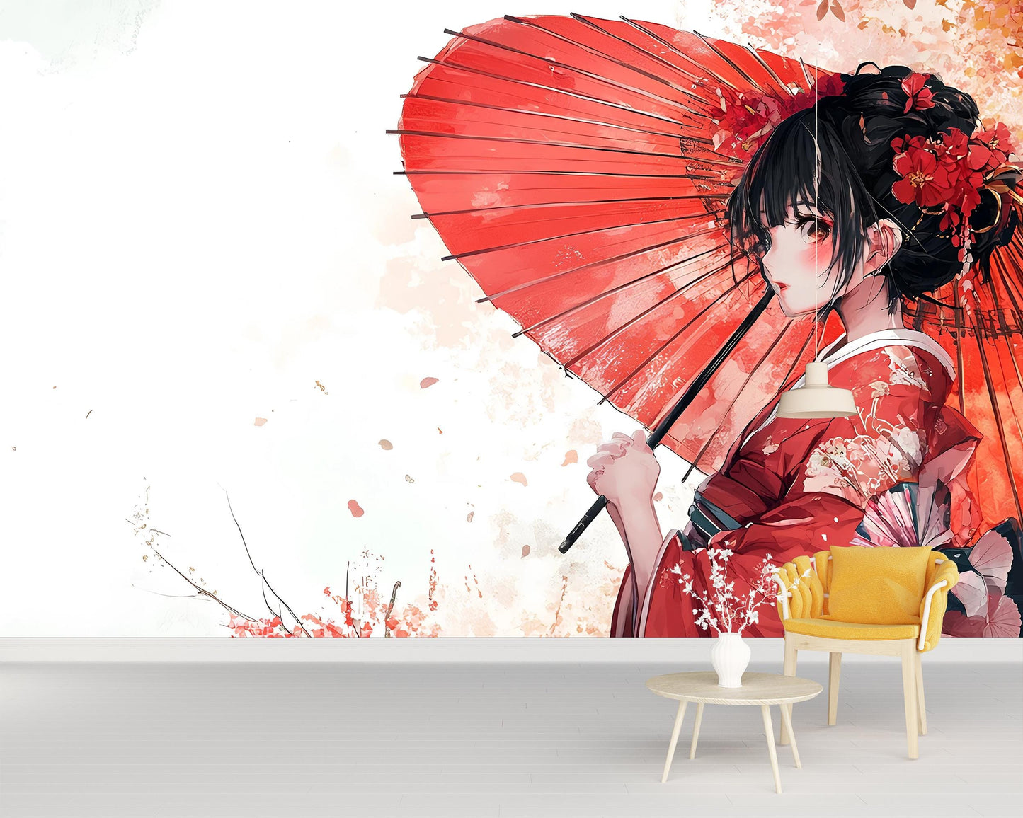 Elegant Japanese Girl Wall Mural - Red Kimono Art, Anime Style Room Decor Vn352