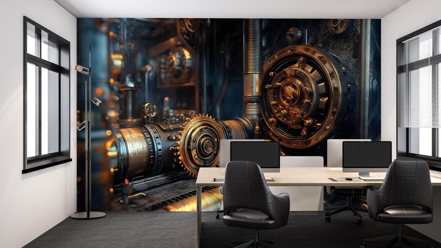 Steampunk Industrial Gear Wall Mural – Retro Mechanical Machine Art, Sci-Fi Decor for Office, Loft, or Studio Accent Wall Vn383