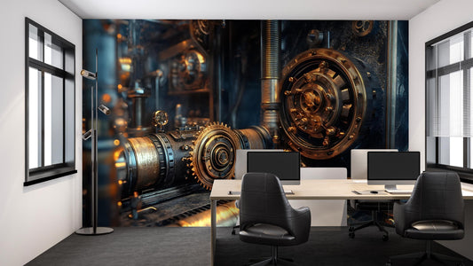 Steampunk Industrial Gear Wall Mural β Retro Mechanical Machine Art, Sci-Fi Decor for Office, Loft, or Studio Accent Wall Vn383