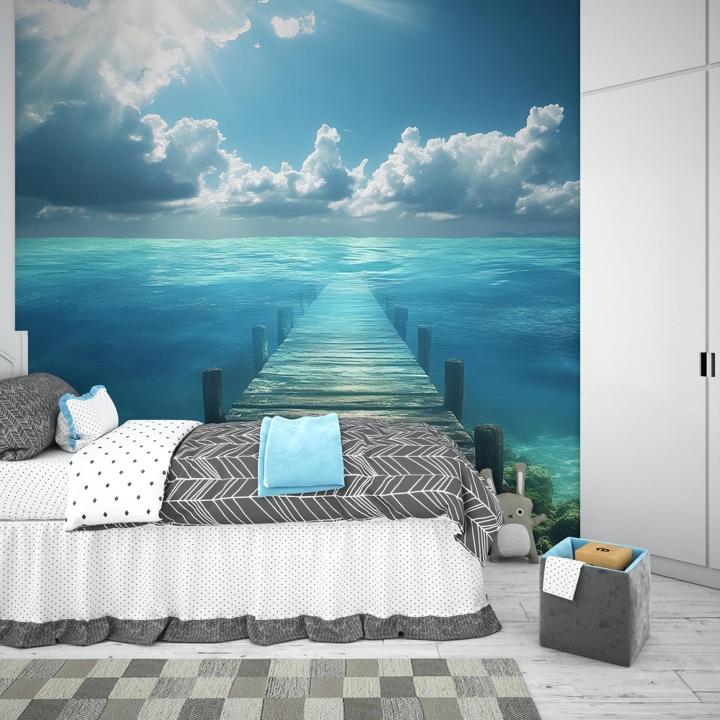 Ocean Dock Wall Mural – Tranquil Seascape Wallpaper for Bedroom, 3D Pier to Horizon, Beach Scene Wall Art, Coastal Home Decor Vn287