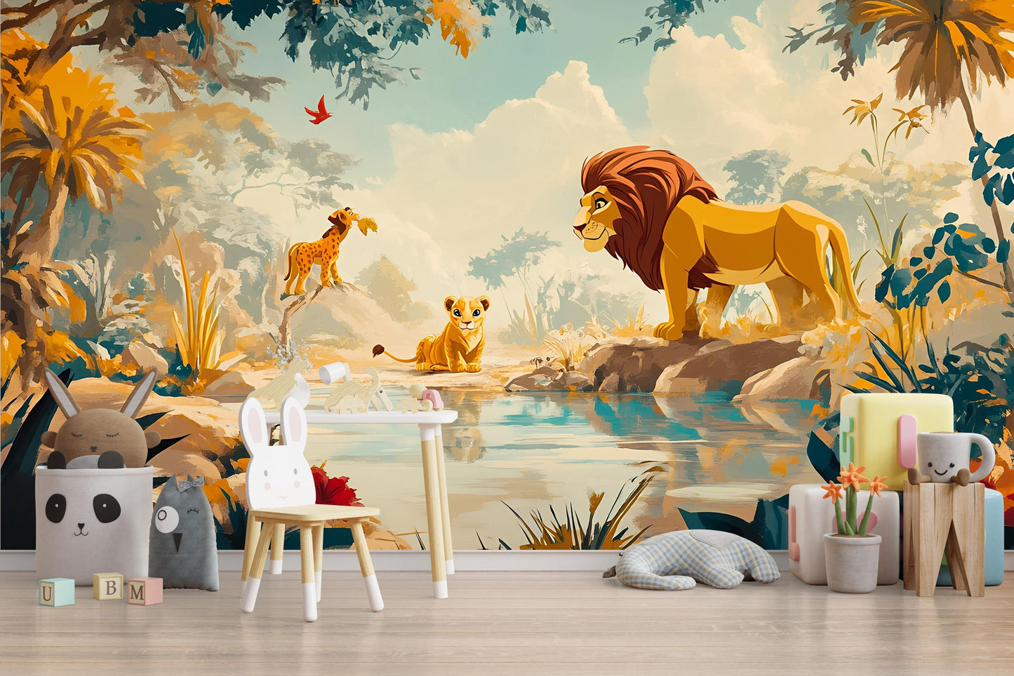 Lion King Jungle Mural | Safari Wall Art for Kids Room | Animal Nursery Wallpaper Vn272