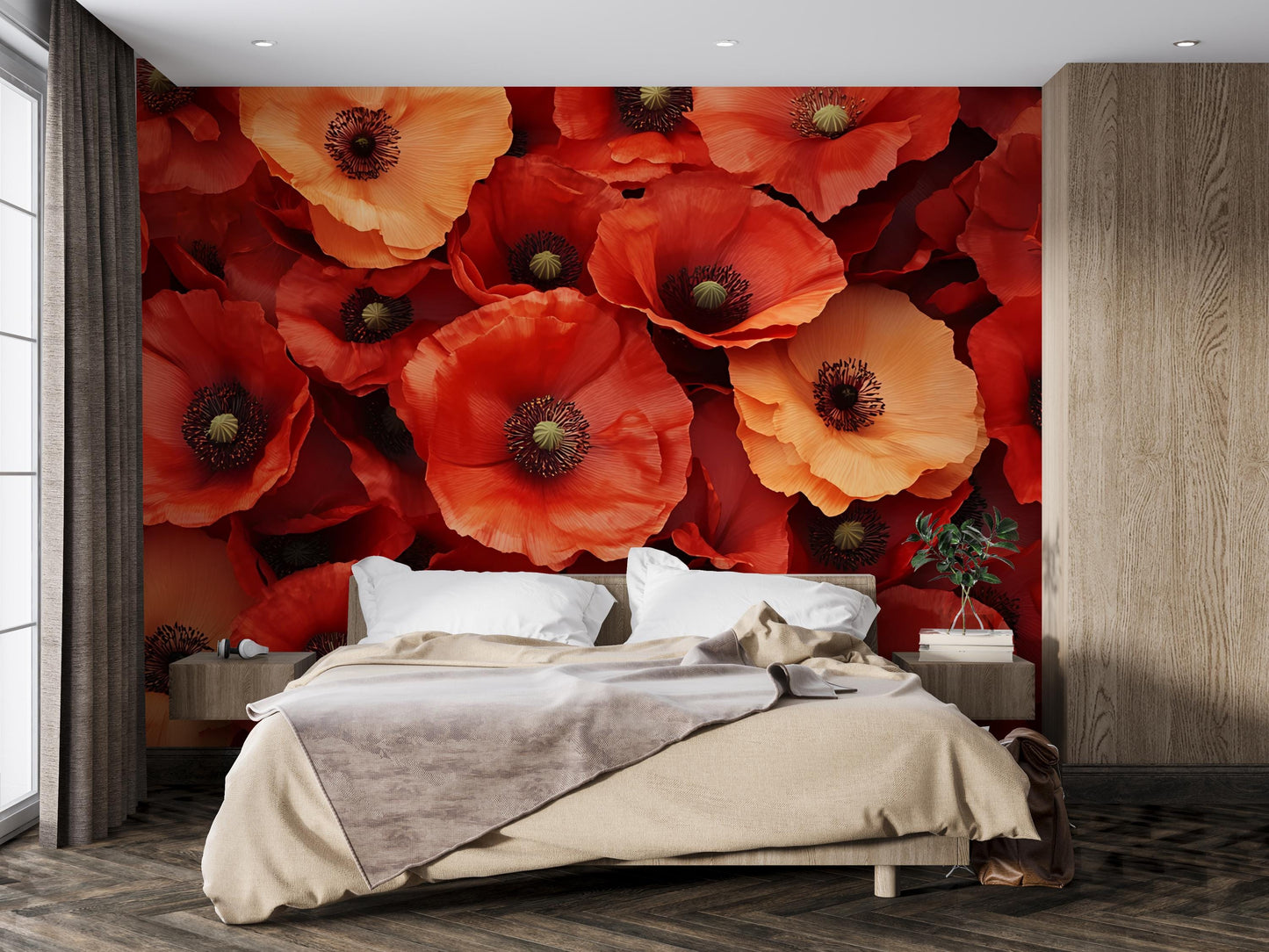 Large Red Poppy Flower Wall Mural – Bold Floral Peel and Stick Wallpaper for Bedroom Accent Wall – Removable Nature Decor Vn335