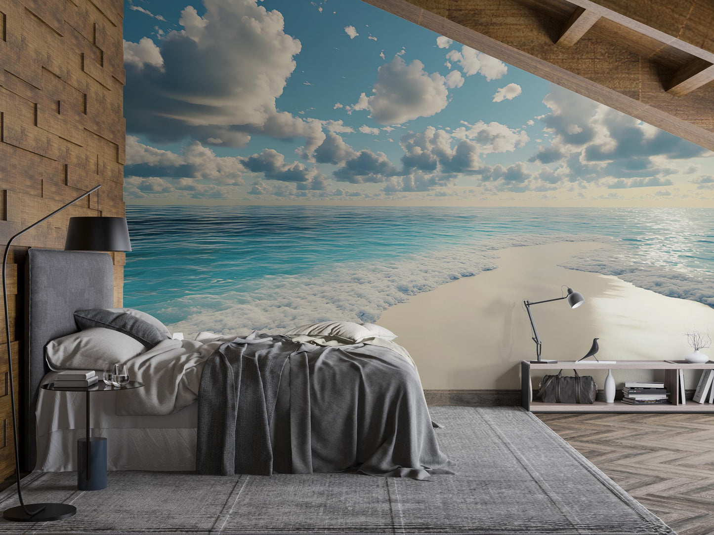 Ocean View Wall Mural for Bedroom – Coastal Seascape Accent Wall Art – Serene Blue Sky Beach Wallpaper Vn283
