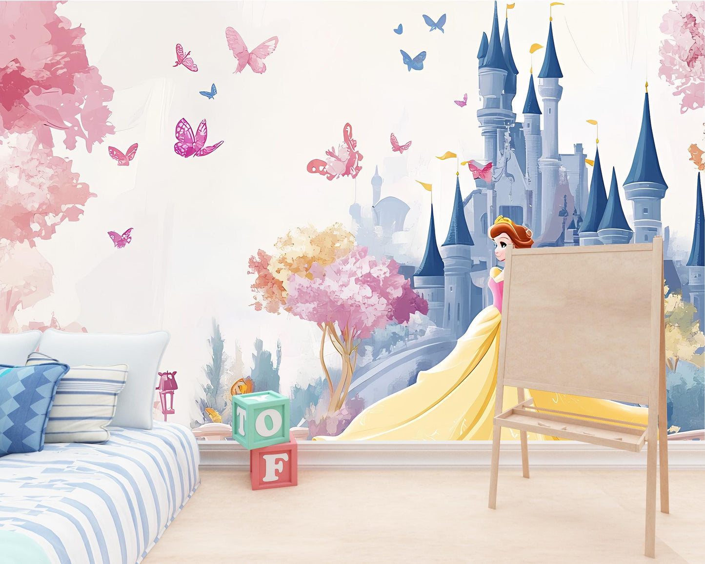 Princess Castle Wall Mural for Girls Room – Fairy Tale Wallpaper with Butterflies & Princess – Removable Kids Room Decor Vn278