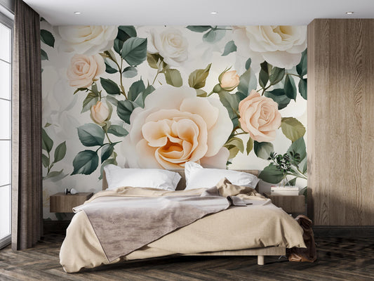 Large Peach Rose Wall Mural - Romantic Floral Wallpaper for Bedroom, Vintage Botanical Wall Art, Blush Flower Wall DΓ©cor Vn468