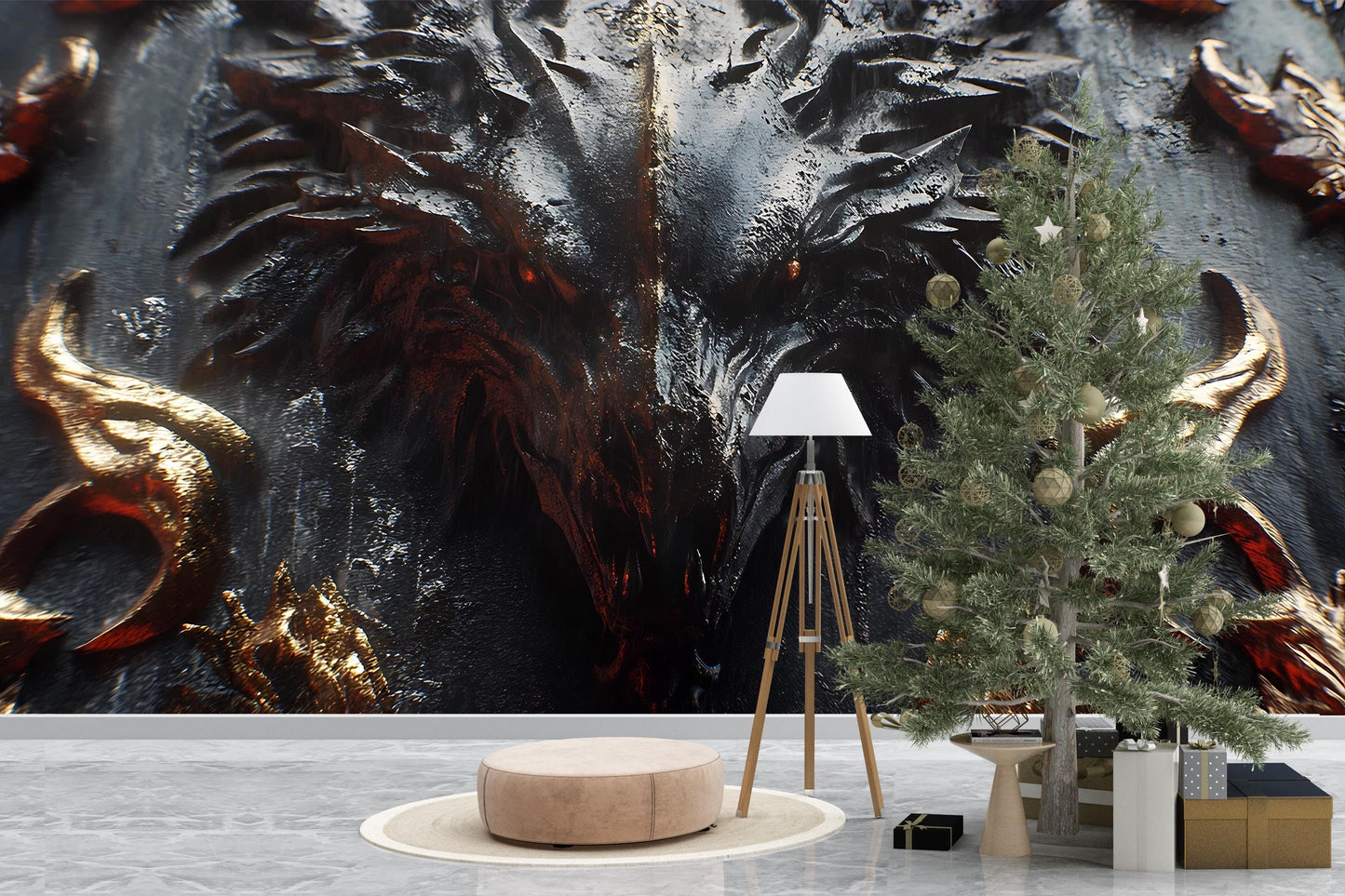 Dark Fantasy Dragon Wall Mural | Gothic Fire Beast Art | Large Wall Decor Vn242