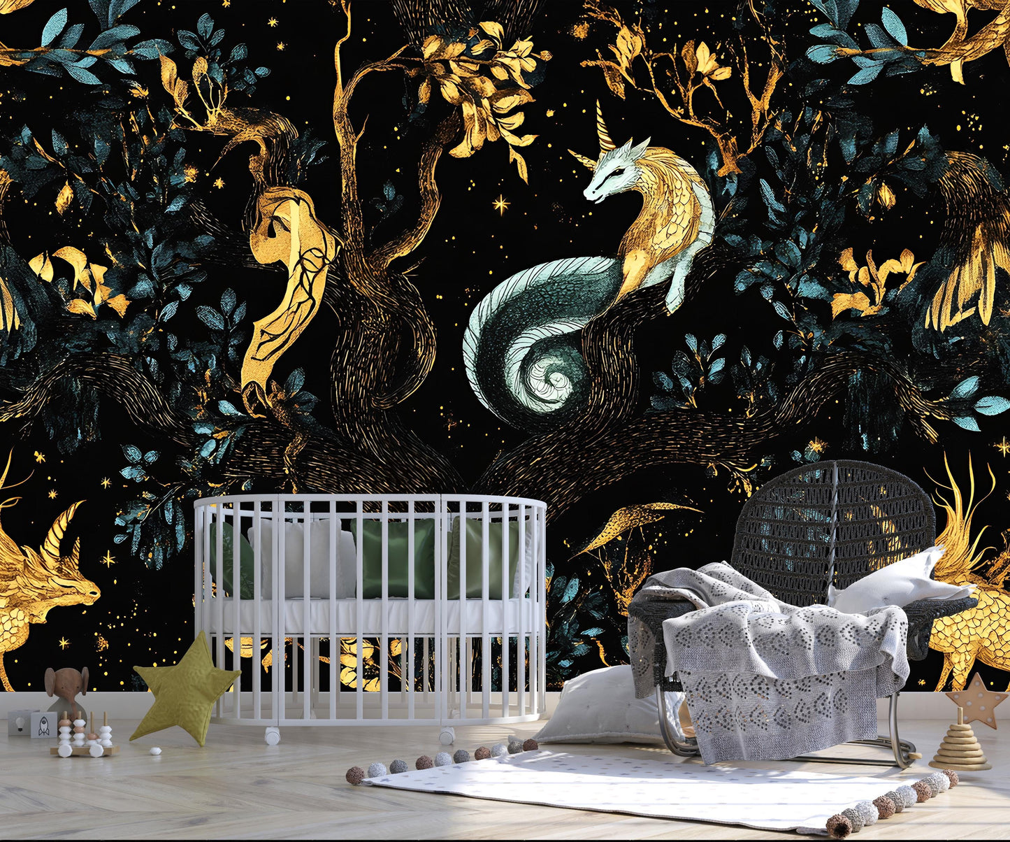 Magical Forest Wallpaper Mural for Nursery – Unicorn, Dragon & Fairy Tale Creatures – Dark Fantasy Kids Room Wall Art Vn178