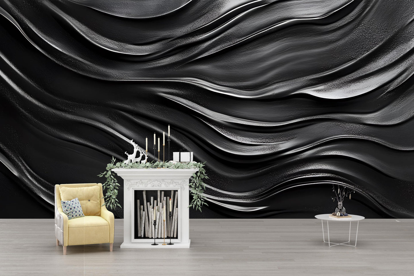Modern Black Wave Wall Mural – 3D Textured Abstract Wallpaper, Bold Dark Wall Art for Living Room, Bedroom, Office Decor Vn235