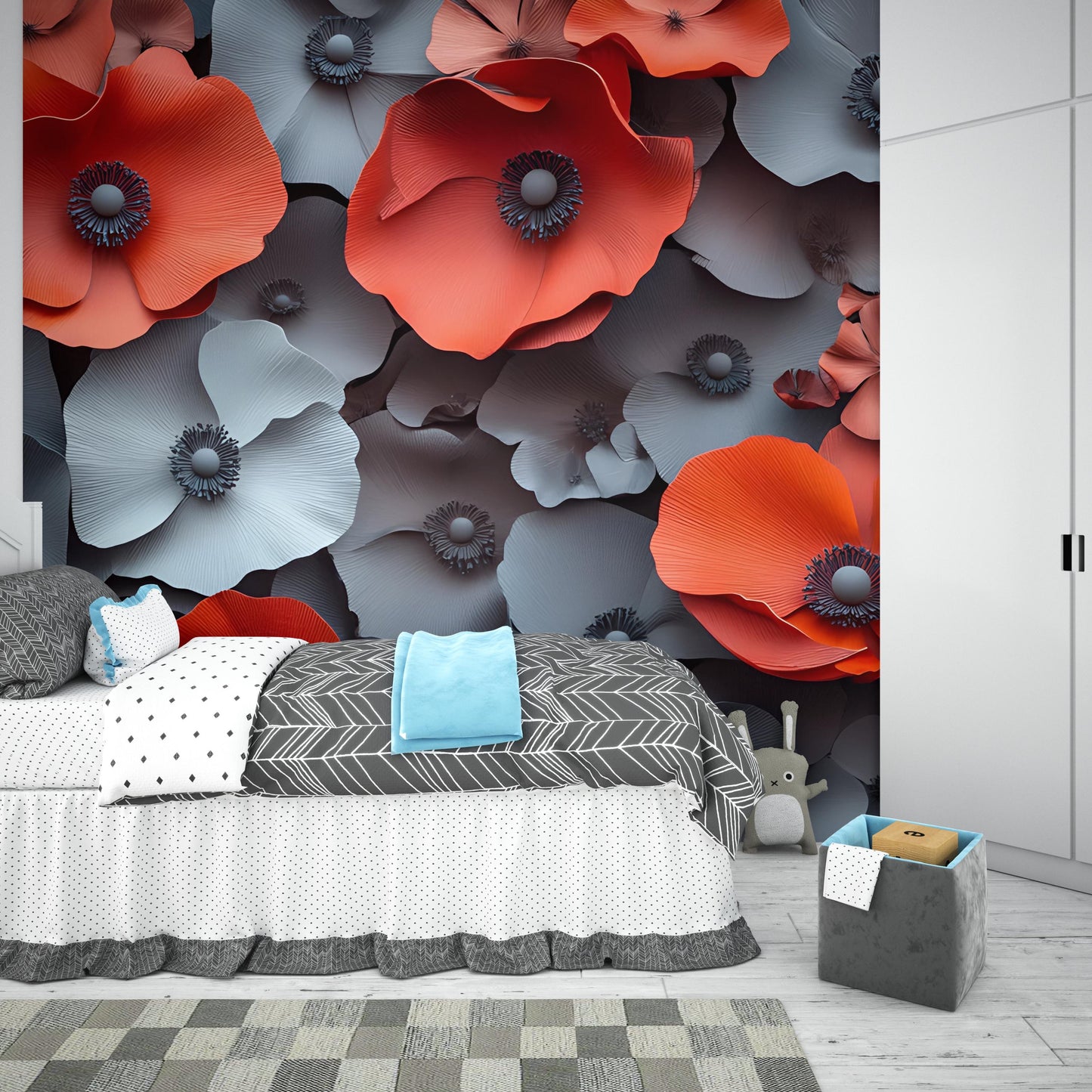 3D Red Gray Floral Wall Mural, Modern Large Flower Wallpaper, Bold Bedroom Accent Art Vn327