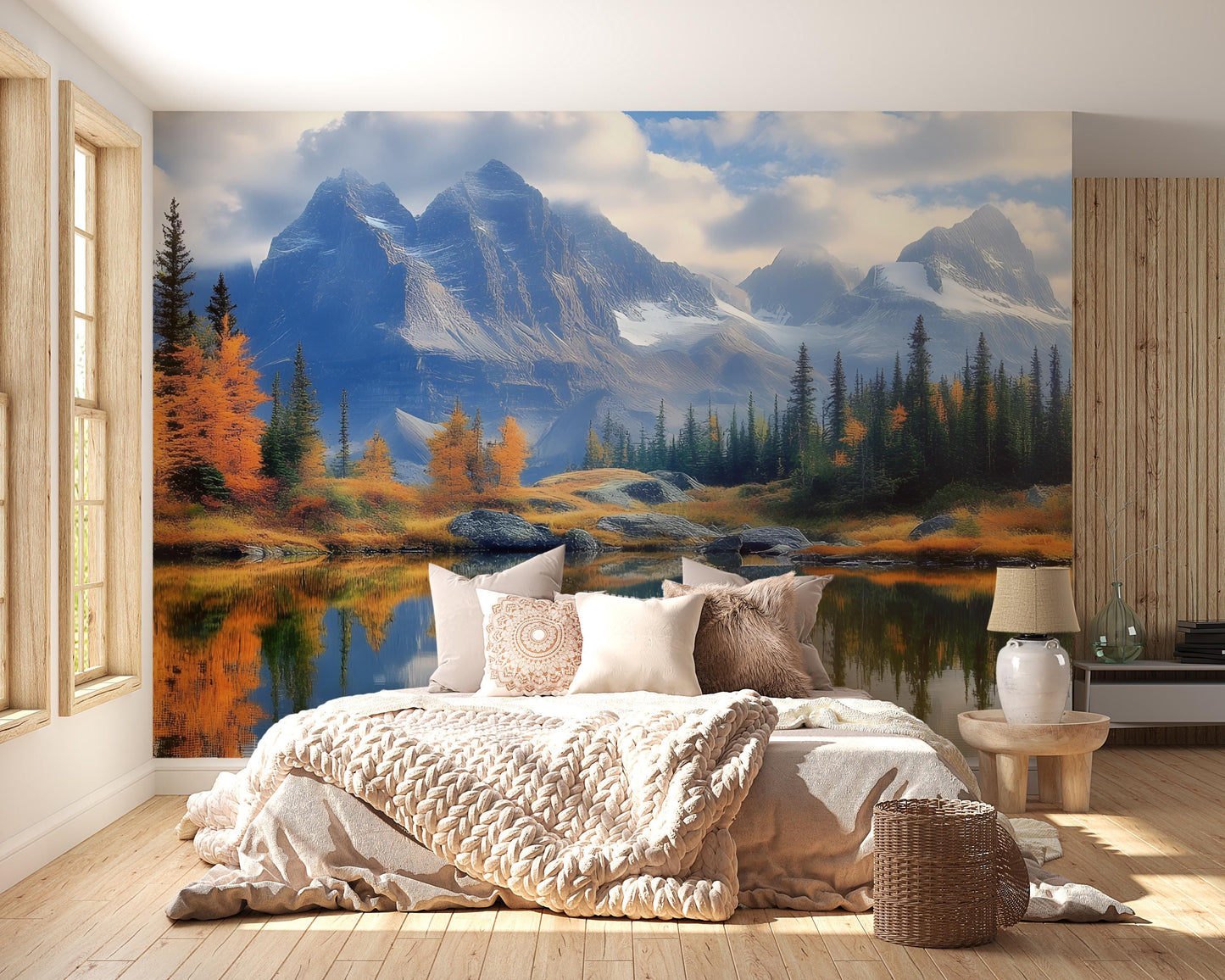 Mountain Lake Wall Mural – Scenic Nature Wallpaper for Bedroom, Forest & Alpine Landscape Art, Large Removable Wall Decor Vn252