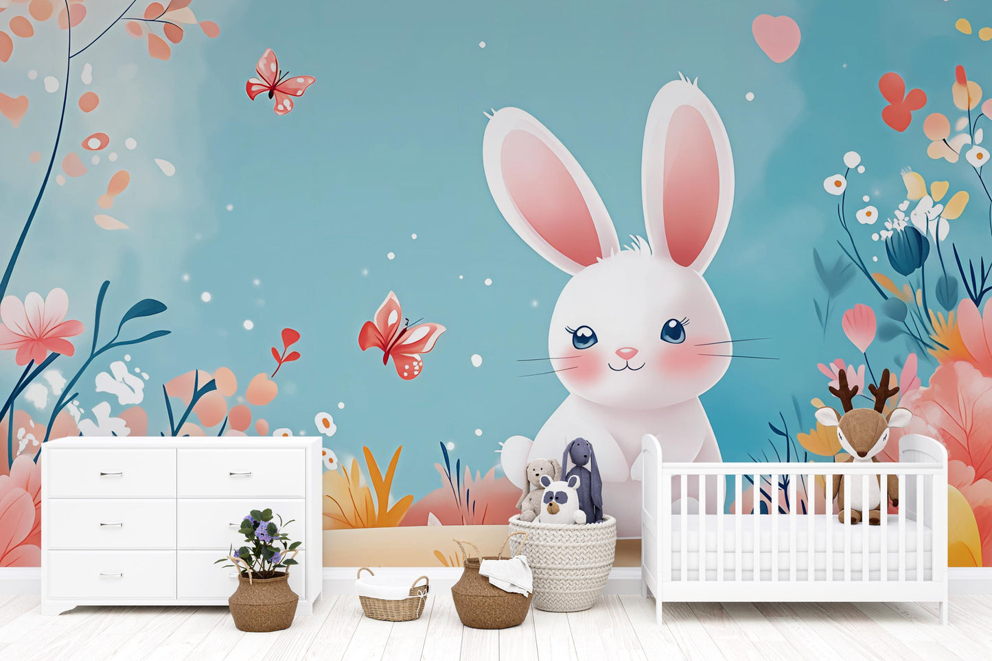 Whimsical Bunny Nursery Wall Mural | Pastel Animal Kids Room Decor | Cute Rabbit Wallpaper for Baby Girl Room Vn436