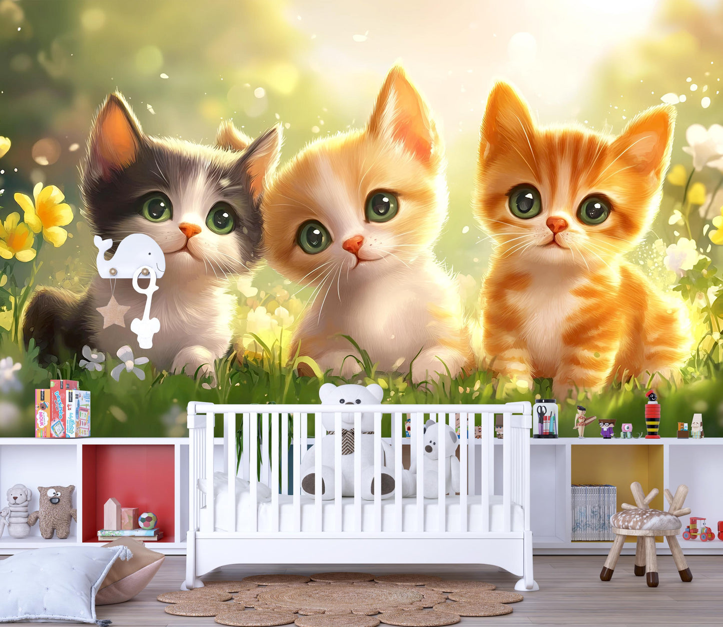 Cute Kittens Wall Mural | Adorable Cat Art for Kids Room | Nursery Animal Decor Vn318