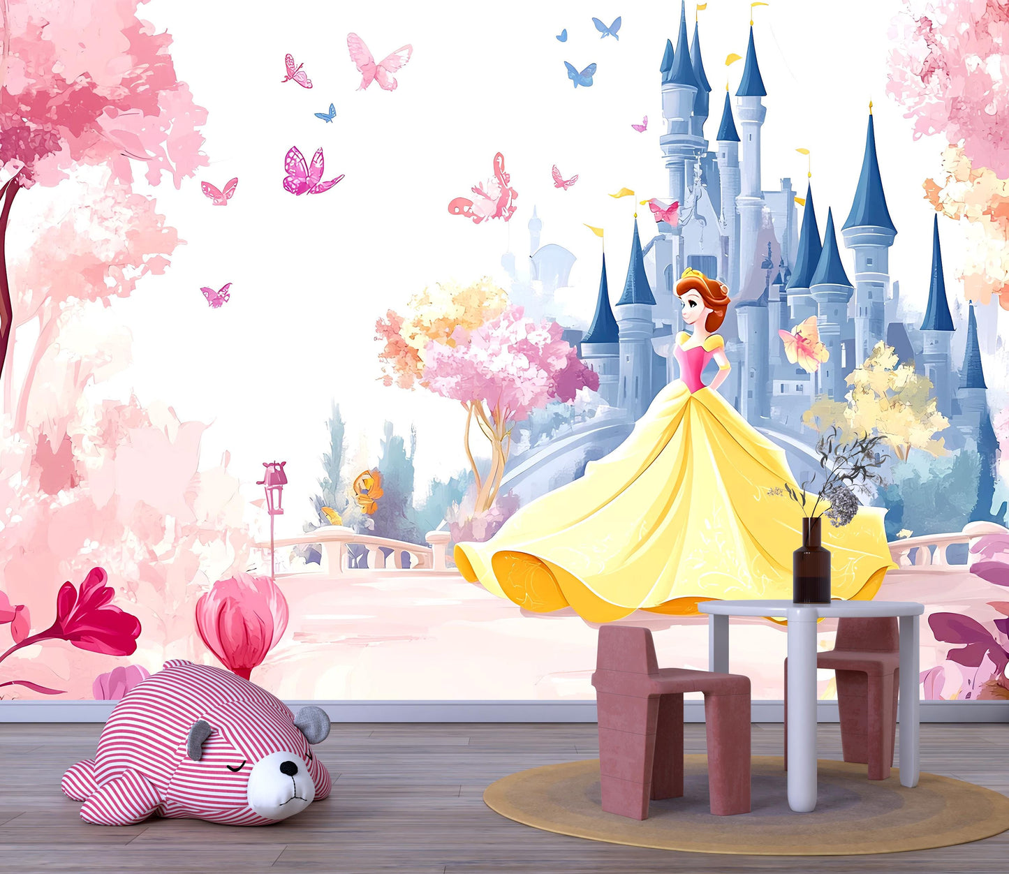 Princess Castle Wall Mural for Girls Room – Fairy Tale Wallpaper with Butterflies & Princess – Removable Kids Room Decor Vn278