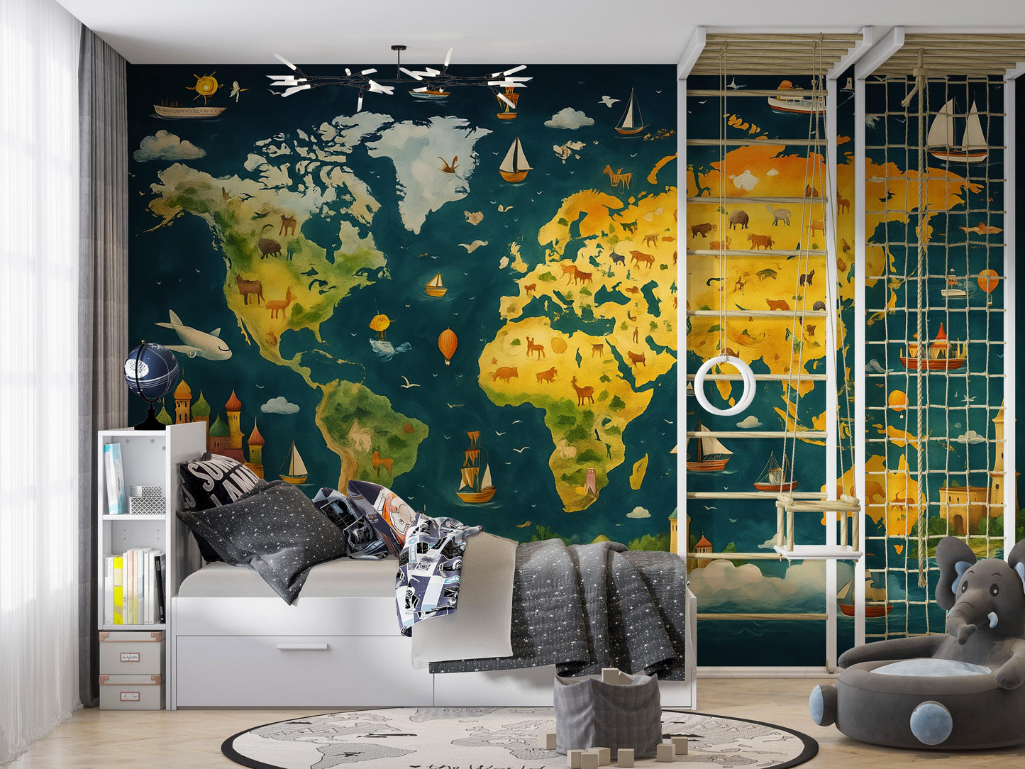 World Map Kids Wall Mural | Educational Wallpaper | Adventure Theme Nursery Decor | Geography Playroom Wall Art Vn423