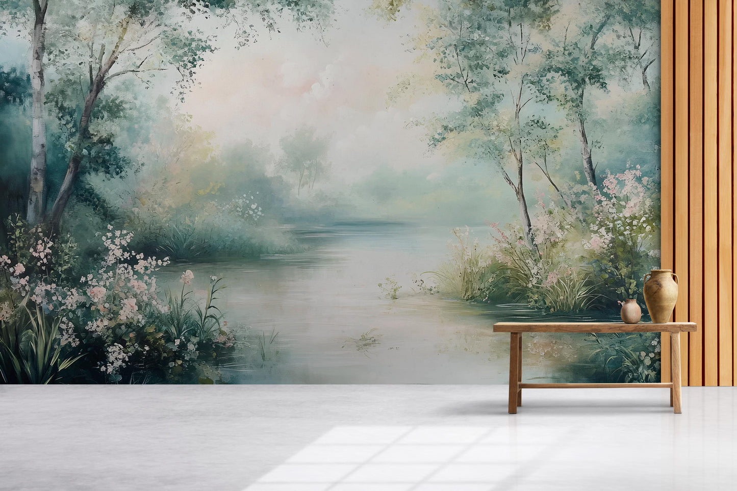 Tranquil River Wall Mural – Floral Nature Wallpaper Vn971