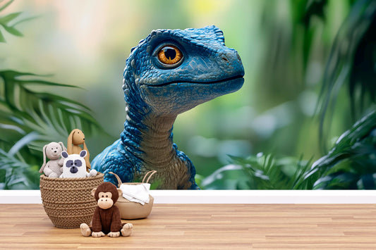 Blue Dinosaur Wall Mural for Kids Room – Realistic Raptor Jungle Wallpaper – Nursery or Playroom Decor Vn411