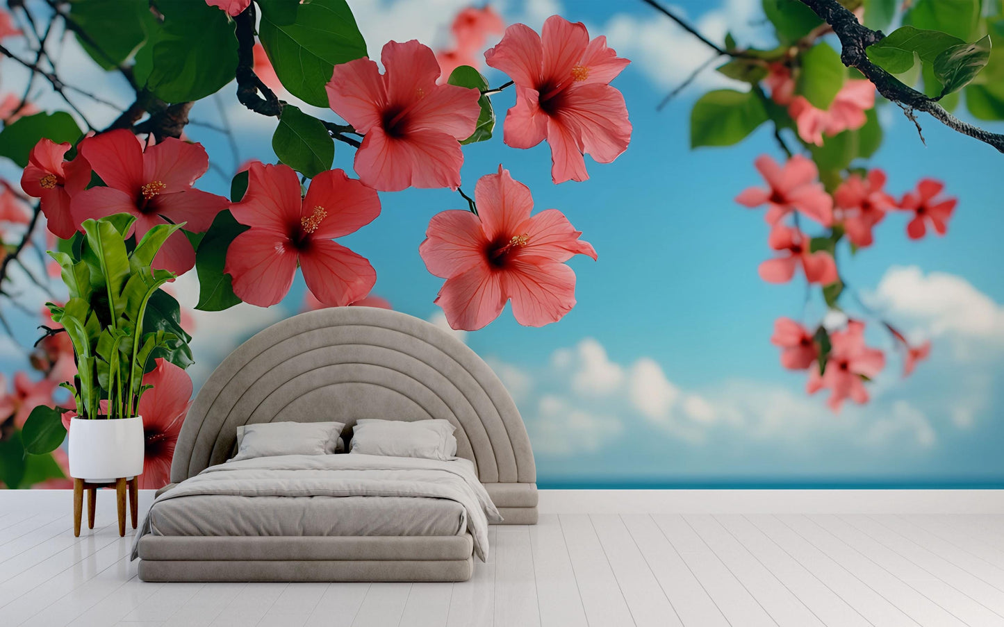 Tropical Hibiscus Flower Wall Mural – Ocean View Bedroom Wallpaper – Large Botanical Floral Peel and Stick Wall Art Vn648