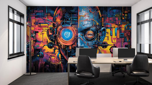 Cyberpunk AI Wall Mural – Futuristic Office Art, Sci-Fi Robot Face Design Vn203