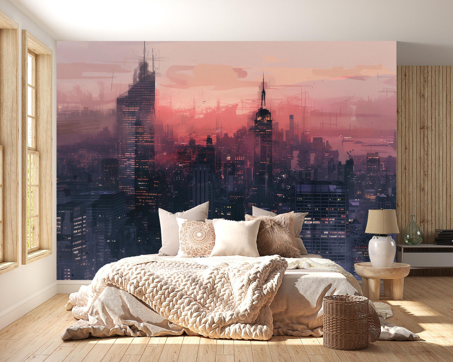 Cityscape Wall Mural – Futuristic Skyline Wallpaper, Urban Night Accent Wall Decor for Bedroom, Office or Living Room Vn1068