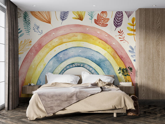 Watercolor Rainbow Wall Mural – Colorful Boho Kids Room Wallpaper, Gender Neutral Nursery Decor, Large Peel and Stick Wall Art Vn401