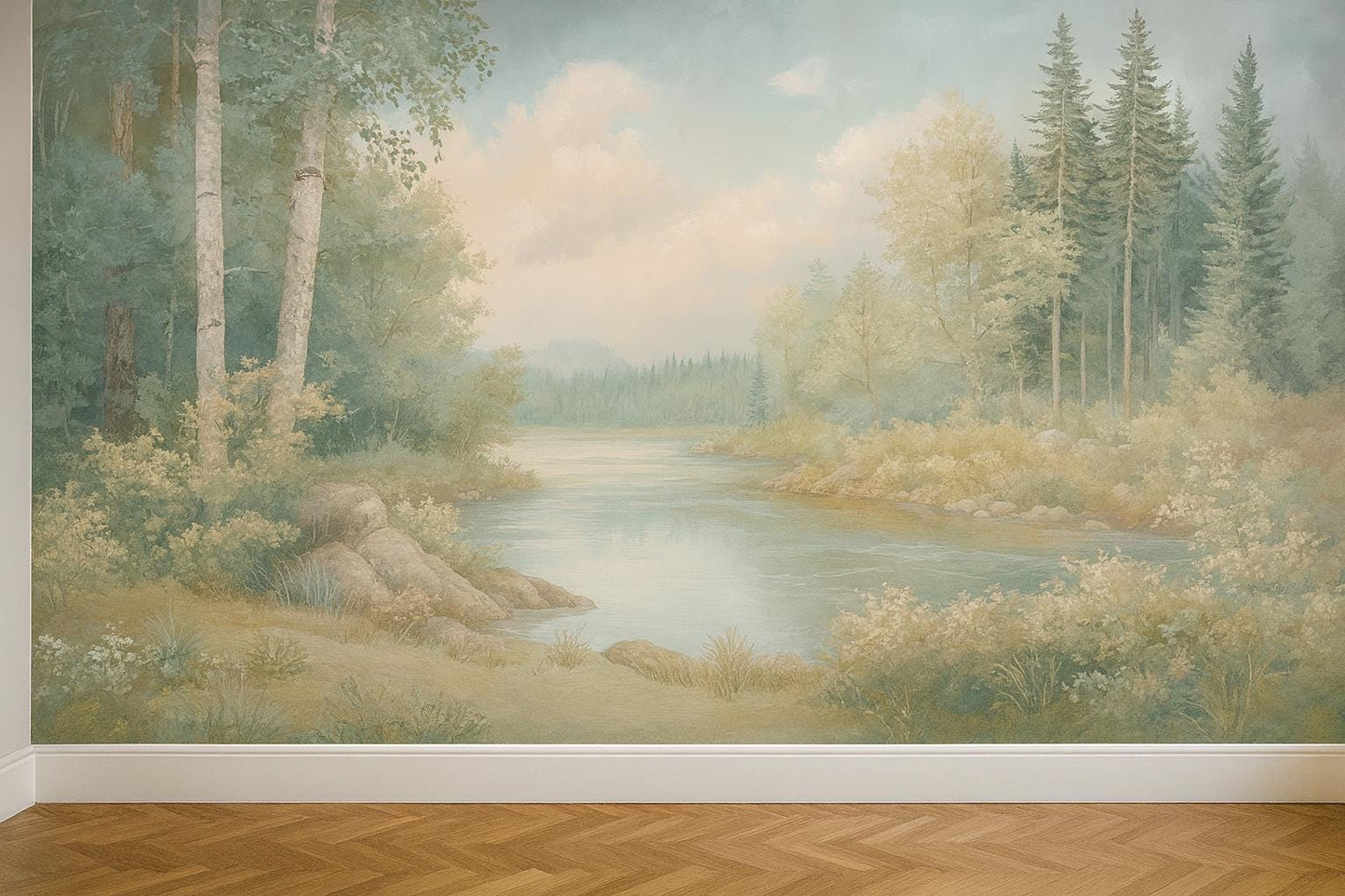 Forest River Wall Mural – Nature Landscape Wallpaper for Living Room & Bedroom Vn974