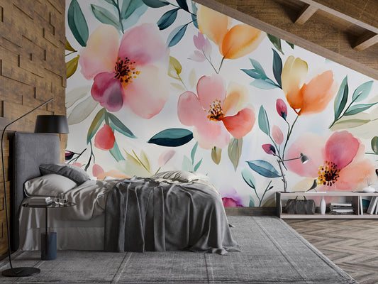 Watercolor Floral Wall Mural – Large Colorful Flower Wallpaper – Botanical Peel and Stick Wall Art for Bedroom or Living Room Vn547