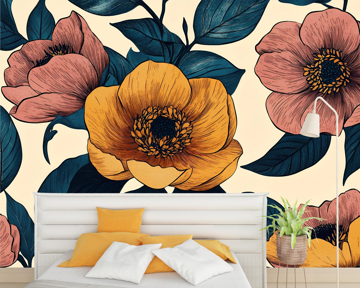 Vintage Floral Wall Mural – Yellow & Pink Flower Wallpaper Vn1026